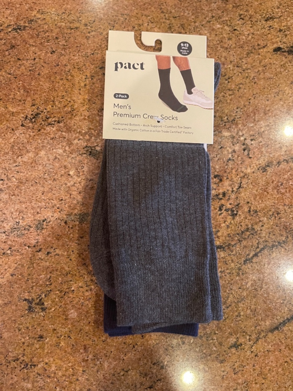Men's Pact Charcoal Heather /Maritime Navy Crew Socks Two Pair NWT! Retail: $24